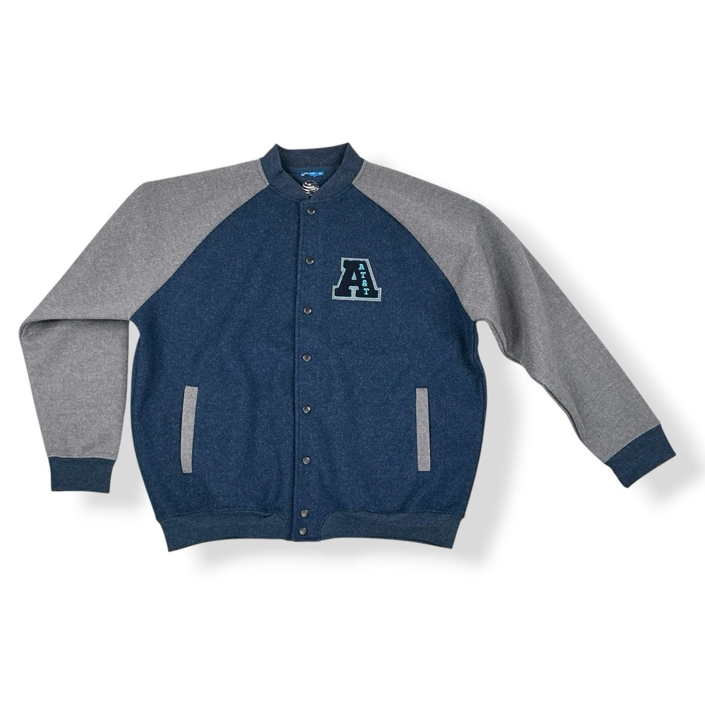 AT&T Jacket Men XL Blue Snap Down Long Sleeve Fleece Varsity Logo Phone VTG